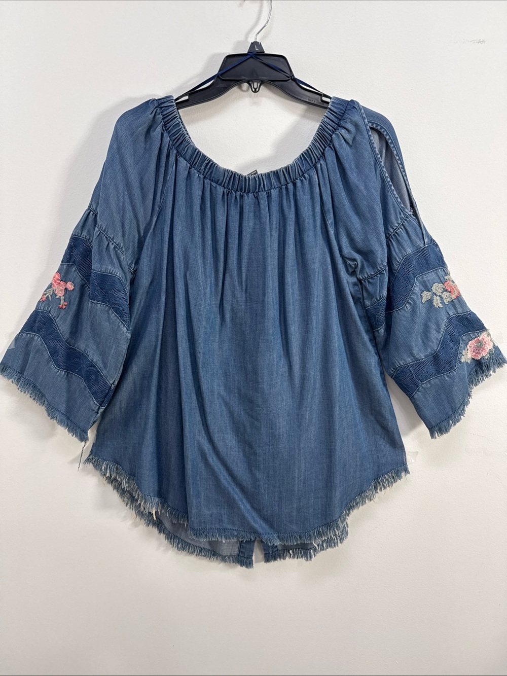 Chelsea & Theodore Chambray Off-Shoulder Peasant Top with Pink Floral Embroidery